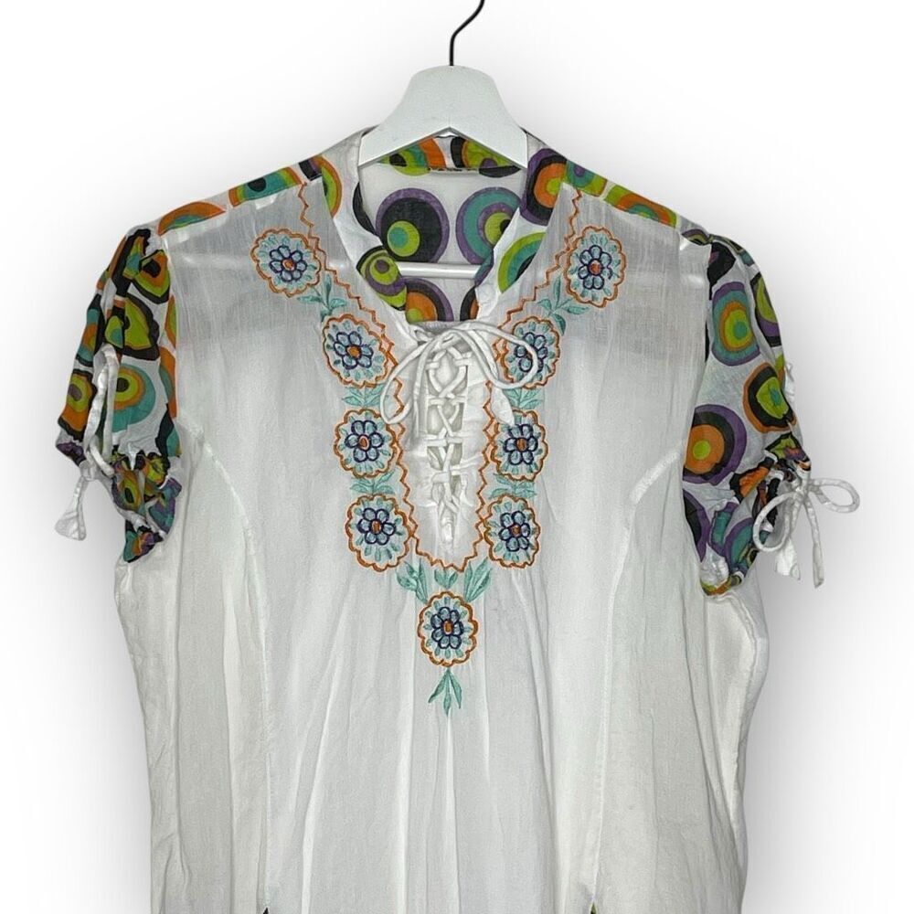 Siya White Colorful Floral Embroidered Cotton Blouse Tunic Top Women’s Large - Picture 3 of 11